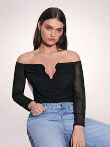 Maija Women's Elegant Ruched Neckline And Mesh Long Sleeve Plus Size Bodysuit - Black - View 4