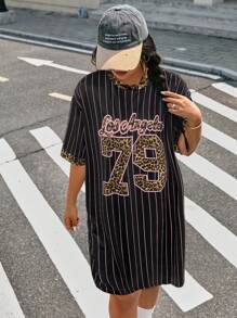 SHEIN EZwear 大码豹纹字母图案宽松T恤连衣裙，夏季 - 彩色 - 查看 5