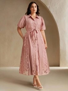 Anewsta Váy tay bồng cổ bẻ phối ren thanh lịch cỡ lớn cho nữ, mùa xuân/hè, hở lưng - Hồng - Xem 6