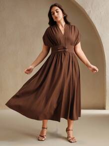 Anewsta Summer Fashion V-Neck Tie Waist Fitted A-Line Peplum Midi Dress - Coffee Brown - View 3