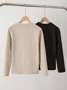 2pcs/Set Tween Girls Casual Versatile Commuting Sports Comfortable Thermal Lined Turtleneck Black & Beige Base Layer Long Sleeve Top Fall Winter