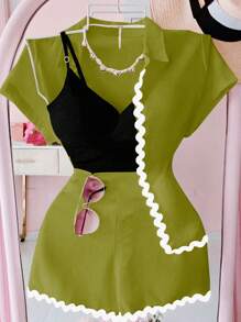 Selianne 2pcs Women Casual Vacation Patchwork Ribbon Short Sleeve Shirt And Shorts Set