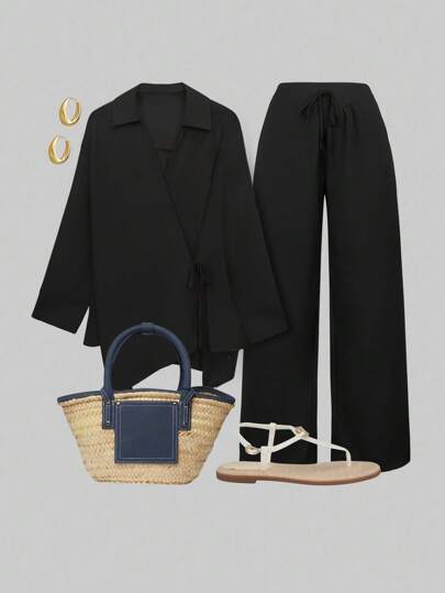 SHEIN LUNE Plus Size Solid Color Wrap Shirt & Long Pants 2Pcs Set, Casual Vacation