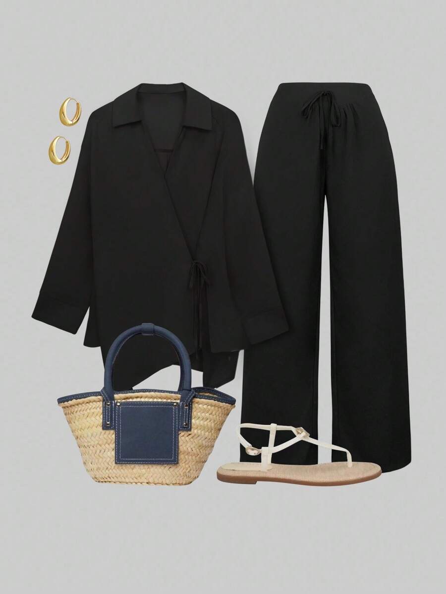 SHEIN LUNE 大码纯色裹身衬衫和长裤 2 件套，休闲度假