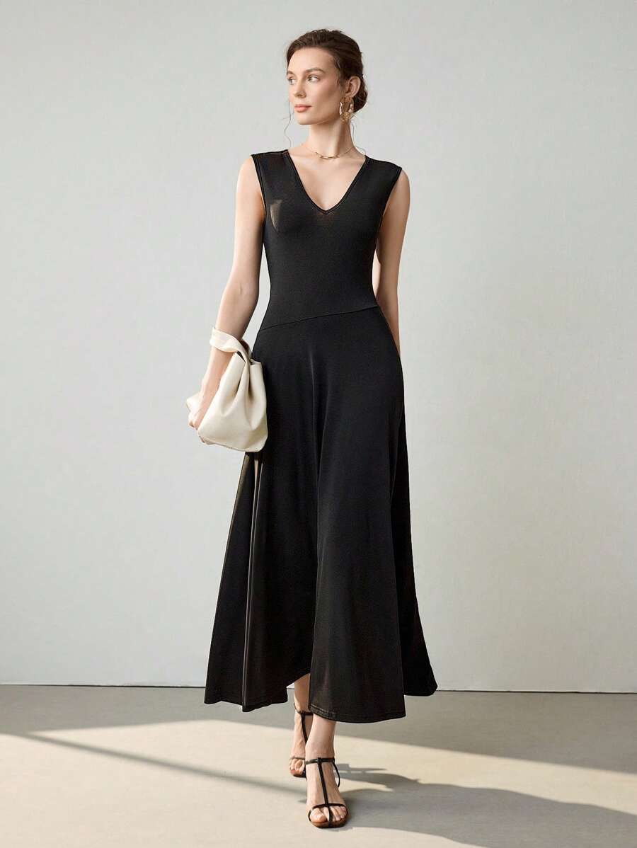 Uhlyne Elegante vestido minimalista de moda retro básico para mujer, con diseño de cuello en V, unicolor y de alta gama