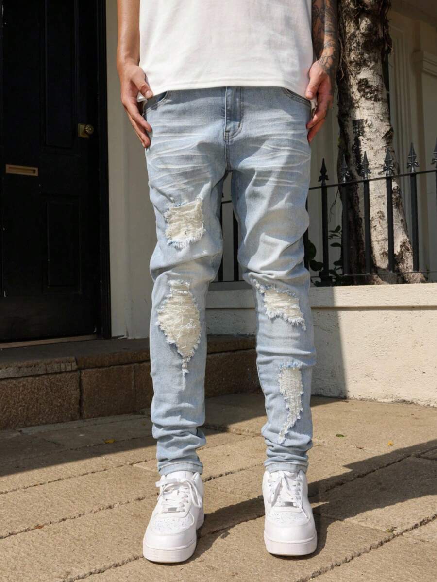 Manfinity Roghcode Plus Size Men's Light Blue Distressed Patch Denim Jeans, Fashionable Slim Fit Casual Pants Men Ripped Denim Jeans Streetwear Jeans
