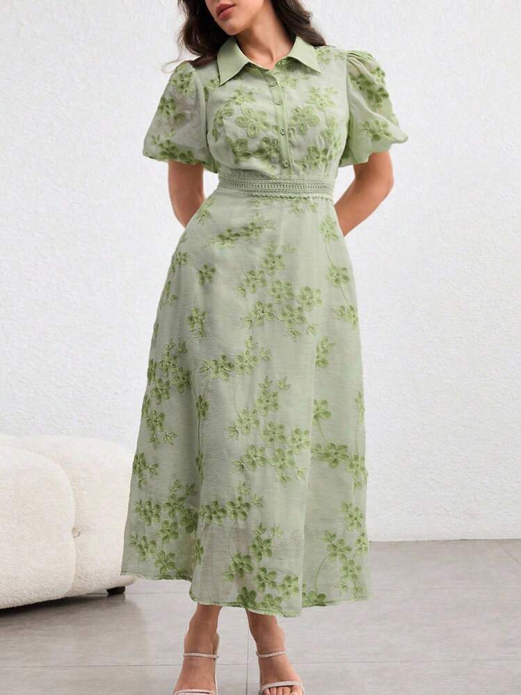 Modelyn Plus Size Turndown Collar Waist Drawstring Embroidered Green Dress - Green - View 7