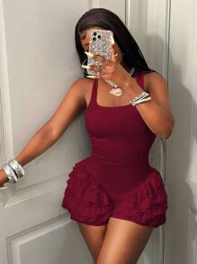 BamGleam Women's Retro Chic Solid Color Minimalist Sleeveless Jumpsuit, Everyday Wear - Burgundy - View 6