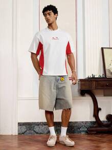 SWAVVY Men's Summer Letter Print Contrast Color Round Neck Short Sleeve Casual T-Shirt - Red and White - View 3