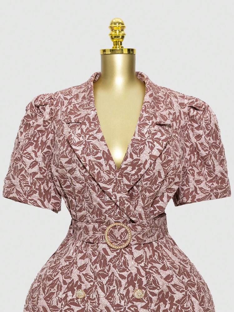 Modelyn 大码优雅V领提花短袖连衣裙 - 藕粉色 - 查看 4