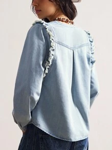 Bohemela 波西米亚西部牛仔乡村度假休闲梭织V领长袖荷叶边下摆女式衬衫 - 藍色 - 查看 7