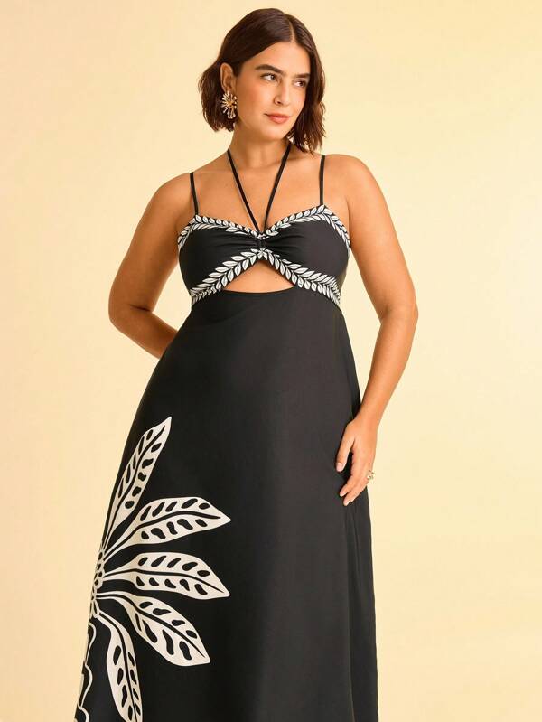 CAJUNI Women's Floral & Leaf Print V-Neck Backless Halter Waist Hollow Vacation Dress, Suitable For Holiday, Date, Party, Beach, Commute, Versatile
