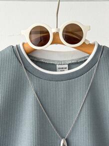 SHEIN Genkimix Kids Áo thun phối màu cho bé trai, thoải mái, phong cách thường ngày, đa năng, phù hợp cho đường phố, thể thao, hoạt động ngoài trời, và đi học vào mùa thu/đông. - Màu xanh bụi bặm - Xem 4