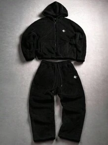 Aesthetic Post--Men's Casual Star & Moon Embroidered Zip-Up Hoodie And Sweatpants Suit ,Autumn Winter Warm Black Plush Hooded Zip-Up Sweatshirt & Pants Set, White Crescent Moon And Star Logo Embroidery, Daily Wear, Sport Casual, Ideal Gift For Husband Or Boyfriend, White Pattern., Cozy Outfits - Black - View 4