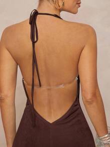 Lumalex Metallic Vacation Beach Music Festival Halter Neck Elegant Deep V Elastic Beautiful Women Dress Formal Dresses For Wedding Guest - Coffee Brown - View 7