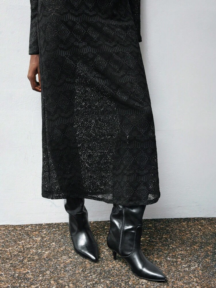 SHEIN Maija Women's Minimalist Solid Color Hollow Out Knitted Long Sleeve Dress,Elegant Dresses For Party