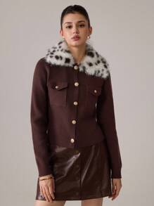 SHEIN MOD 卡其棕色拼布豹纹毛领优雅秋冬开衫 - 棕色 - 查看 1