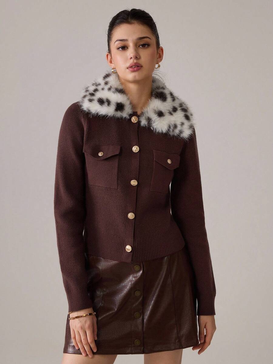 SHEIN MOD 卡其棕色拼布豹纹毛领优雅秋冬开衫 - 棕色 - 查看 1