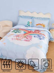 SHEIN X Care Bears 3pc Cute Cartoon Bear & Rainbow Print Ruffle Trim Bedding Set,Suitable For Single Bed/Double Bed/Queen Bed/King Bed, Dormitory/Home - Blue - View 10