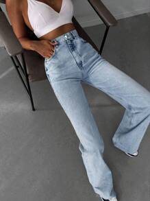 ZIRRA 女式休闲水洗高腰直筒牛仔裤 - 淺色水洗藍 - 查看 5