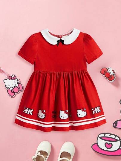HELLO KITTY AND FRIENDS | SHEIN 女宝宝可爱卡通猫咪印花蝴蝶结装饰圆领短袖红色连衣裙