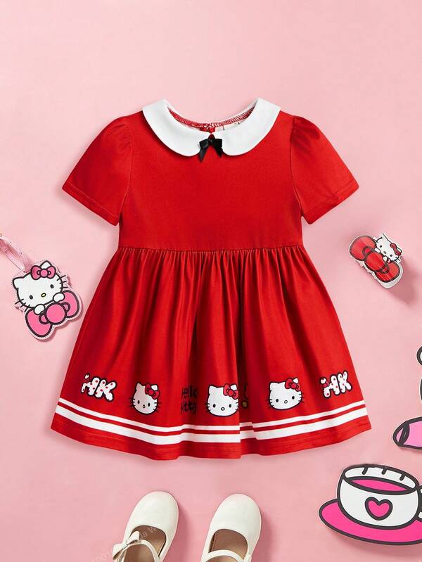 HELLO KITTY AND FRIENDS | SHEIN 女宝宝可爱卡通猫咪印花蝴蝶结装饰圆领短袖红色连衣裙