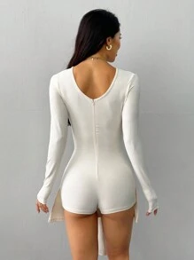 SHEIN PETITE Front Zipper Tights Jumpsuit Pants Inner Wear Must-Have - Beige - View 2