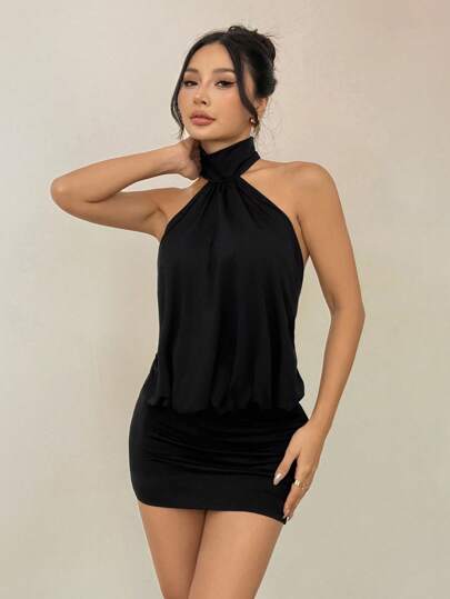 SHEIN PETITE Elegant Sexy Sleeveless Black Mini Dress With Ruched Detail And Cold Shoulder Style Halter Neck Top Classy Party Club Night Out Petite Women Summer