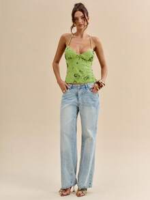 SHEIN BAE 1件女士纯色纹理提花吊带上衣，吊带飘逸上衣，提花上衣，春夏款 - 橄欖綠 - 查看 5