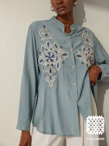 Aveloria Modichic 休闲风格刺绣法式优雅长袖女式衬衫 - 淺藍色 - 查看 5