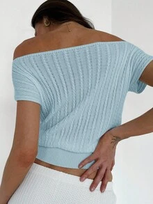 Aloruh 简约优雅露肩纹理针织修身腰女式T恤 - 淺藍色 - 查看 5