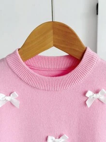 SHEIN Girls' Pink Autumn Holiday Party Knitted Dress,Back To School Plaid Patchwork Sweet Soft Warm Yarn Outfit With 3D Bow,Comfortable Versatile Clothes - Pink - View 2
