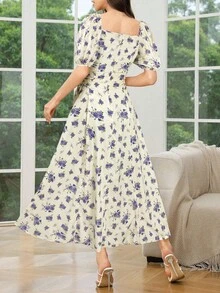 Modelyn Women's Floral Print Pleated Short Sleeve Arabian Dress With Square Neckline, Summer Cottagecore Dressmilkmaid Dressvintage Dress For Women - Blue - View 6