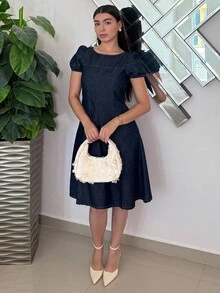 Andrea Bello 女式纯色圆领高腰泡泡袖A字短款牛仔连衣裙夏季 - 中等水洗藍 - 查看 6