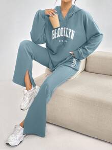 Veilorie 2pcs Women Casual Letter Print Drawstring Hooded Sweatshirt And Pants Set, Autumn 2 Pieces Set - Blue - View 5