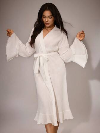 纯色休闲荷叶边提花印花长袖浴袍