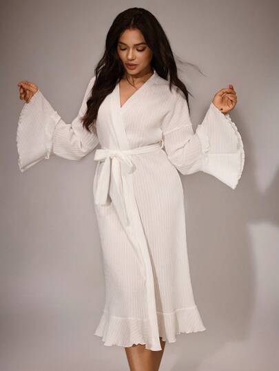 纯色休闲荷叶边提花印花长袖浴袍