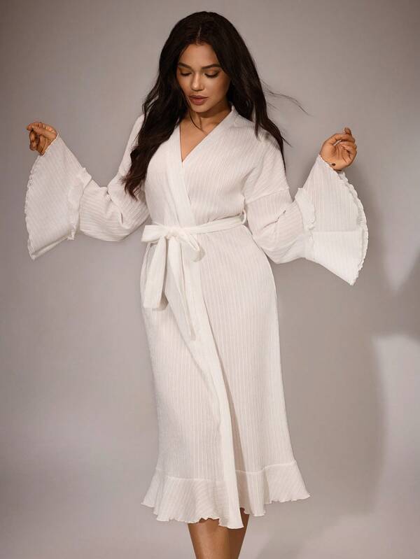 Solid Color Casual Ruffled Trim Jacquard Print Long Sleeve Bathrobe