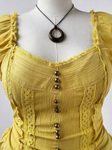 Flirla 大码女式浪漫扎染花卉蕾丝边纽扣衬衫 - 黃色 - 查看 2