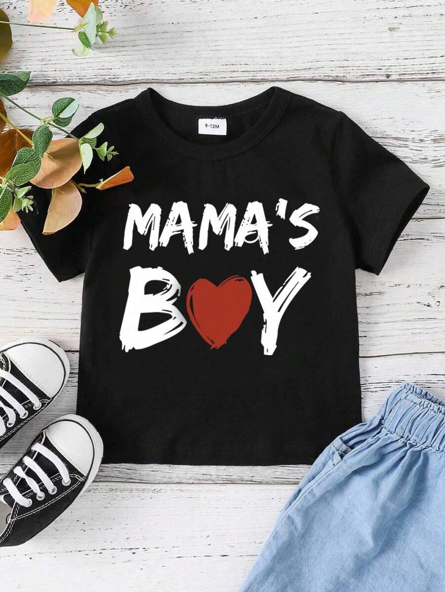 幼儿男童圆领“MAMA'S BOY”字母印花图案T恤，春夏，节日，情人节，中国新年 - 黑色 - 查看 1