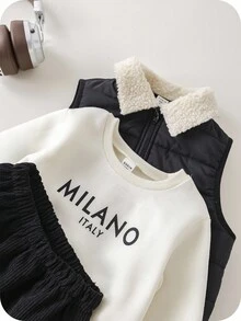 SHEIN 男童五件套冬季套装，包括加厚抓绒外套、冬装外套、绗缝外套、卫衣、圆领连帽衫、灯芯绒裤和棉质绗缝背心，保暖舒适，百搭休闲日常时尚，适合室内、室外、日常、运动、玩耍、派对、假期、返校季等场合。秋冬季男童服装套装，冬季背心套装，男童保暖背心，男童秋冬休闲两件套。 - 黑色 - 查看 6