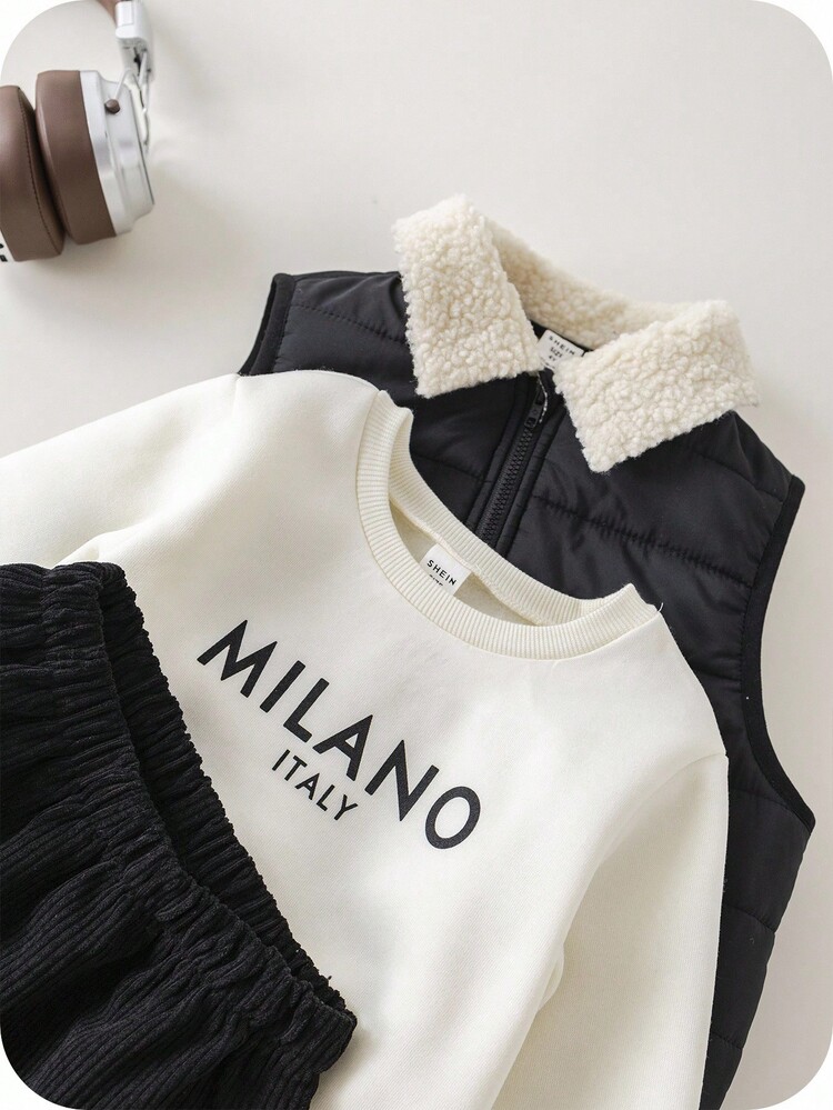 SHEIN 男童五件套冬季套装，包括加厚抓绒外套、冬装外套、绗缝外套、卫衣、圆领连帽衫、灯芯绒裤和棉质绗缝背心，保暖舒适，百搭休闲日常时尚，适合室内、室外、日常、运动、玩耍、派对、假期、返校季等场合。秋冬季男童服装套装，冬季背心套装，男童保暖背心，男童秋冬休闲两件套。 - 黑色 - 查看 6