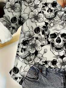 EMERY ROSE 骷髅印花纽扣前衬衫，复古长袖春秋女装，翻领设计，长袖，春夏秋装，万圣节衬衫，万圣节T恤 - 彩色 - 查看 3