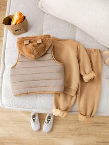 3件套男童卡其色加厚保暖休闲舒适百搭可爱小熊印花圆领套头卫衣+休闲加厚长裤+无袖连帽背心外套套装，秋冬季 - 卡其色 - 查看 3