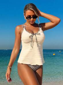 Swim Lushoire Ladies' Summer Beach Music Festival Beige Special Fabric Leopard Print Flowing Hem Slimming Knot Shoulder Strap Elegant Vacation Style Tankini Set - Multicolor - View 3