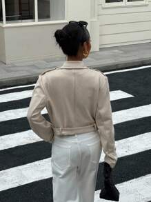 SHEIN EZwear Chaqueta corta casual con cremallera y cuello para mujer - Albaricoque - Ver 2