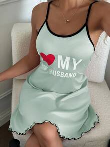 SHEIN Women's Casual Letter Print Camisole Nightgown Back To School I Love My Husband Nightgown Women Nightgown Cute Nightgown Sleep Dress - Green - View 4