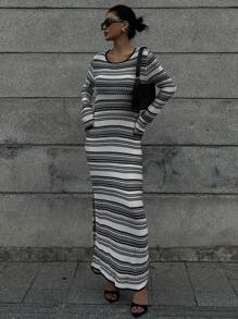 DAZY Black & White Striped Knit Dress For Women,Fall Women Clothes Women Sweater Dresses - Multicolor - View 4