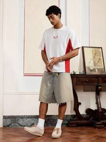 SWAVVY Men's Summer Letter Print Contrast Color Round Neck Short Sleeve Casual T-Shirt - Red and White - View 4