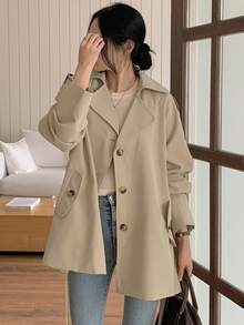 DAZY 女士腰带翻领中长款宽松休闲风衣外套秋冬 - 卡其色 - 查看 1
